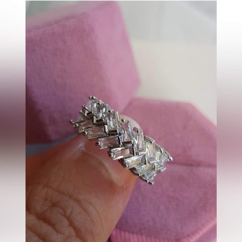 Swarovski Elements 925 Sterling Silver Clear Baguette Eternity Band Ring NEW